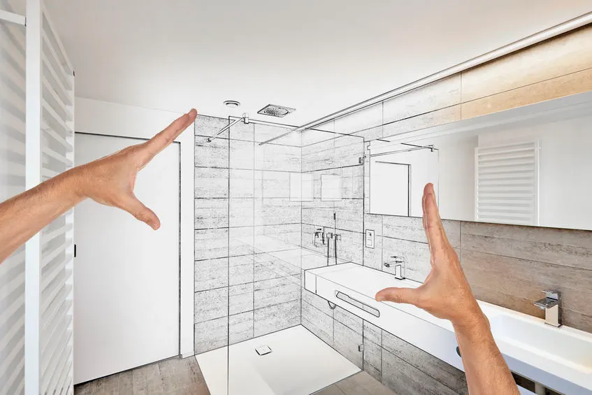 Bathroom remodel design sketch transitioning into a finished shower