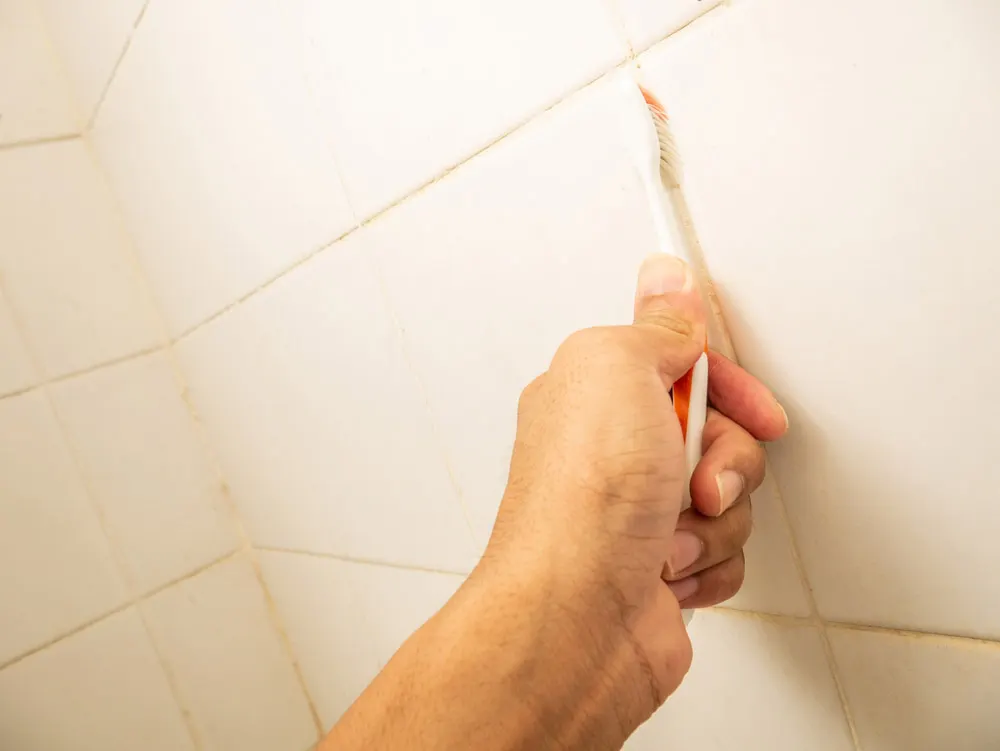 Cleaning grout lines with a small brush